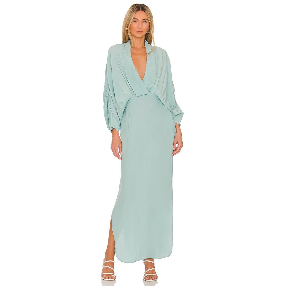 SWF Plunge Maxi Dress Kimono Sleeve Cinched Waist Tunic Vacation Oversized XS